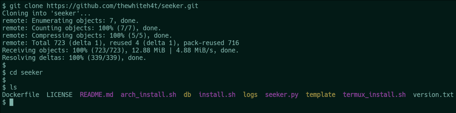 Figure 1 showing How to Install seeker in Termux Android written by thewhiteh4t